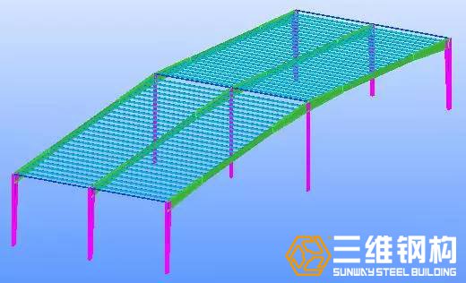繼續(xù)安裝下一榀剛架的鋼柱、連梁、屋架、檁條。